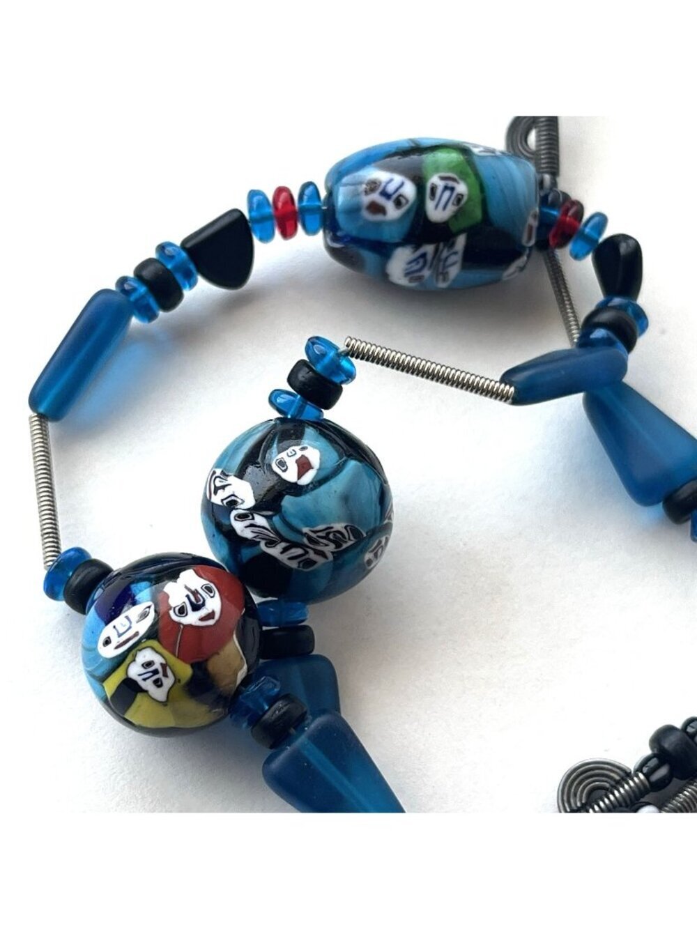 Vintage Millefiori Ghost Face Blue Glass Beaded Necklace 925 Silver Clasp 24"